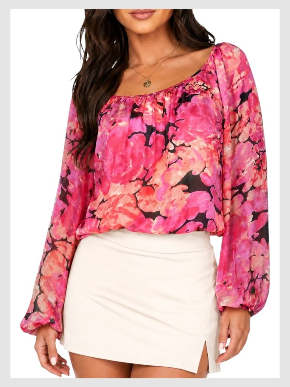 CAbi Blouse Pink Peach Floral Wide Neck M